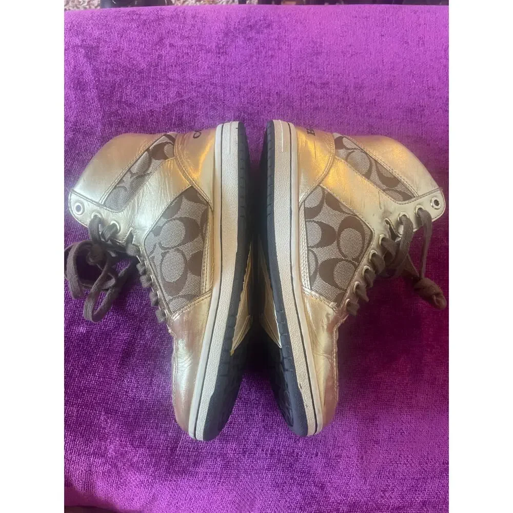 COACH Norra High Top Sneakers Gold Shoes Lace Up Size 7 Leather Canvas